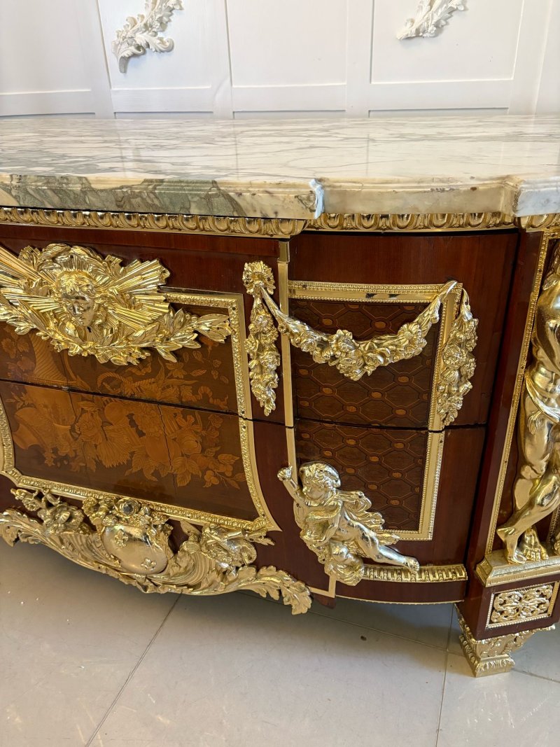 Antique Rare Fine Pair of French Early 20th Century Mahogany, Fruitwood Marquetry and Gilt Bronze Mounted Commodes In the Louis XVI Style, after the Original By Jean-Henri Riesener - Image 17